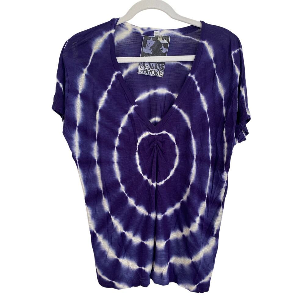 Young Fabulous & Broke Blue Tie Dye V-Neck Short Sleeve Top T-Shirt Small